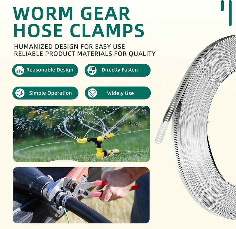 Riyhch 100 FT Hose Clamp Assortment Kit, 304 Stainless Steel Large Band Hose Clamp Metal Strap + 32 Stronger Fasteners, Adjustable Worm Gear Hose Clamps Screw Clamps - Image 3